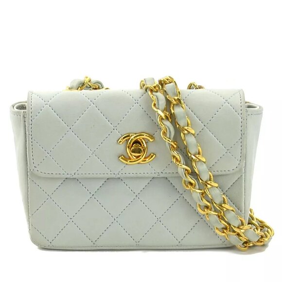 Auth CHANEL Matelasse Chain Shoulder Bag Light Blue/Gold Leather/Metal - Picture 2 of 16